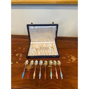 Vintage Norwegian Sterling Silver Enamel Demitasse Spoon Set with Box